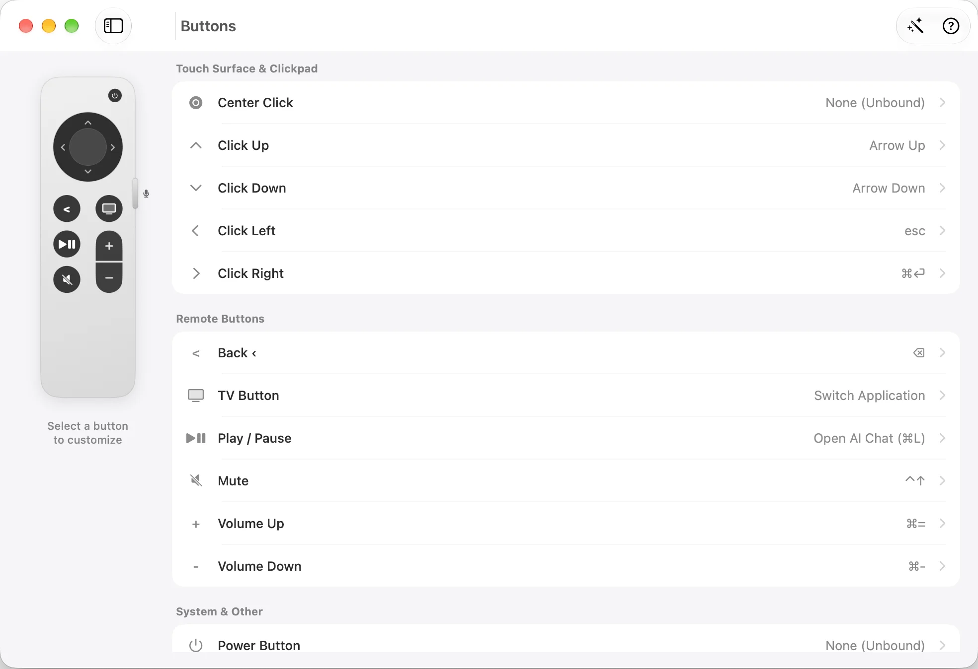 Current SayRemote Buttons screen with sidebar navigation, Siri Remote preview and grouped button assignments