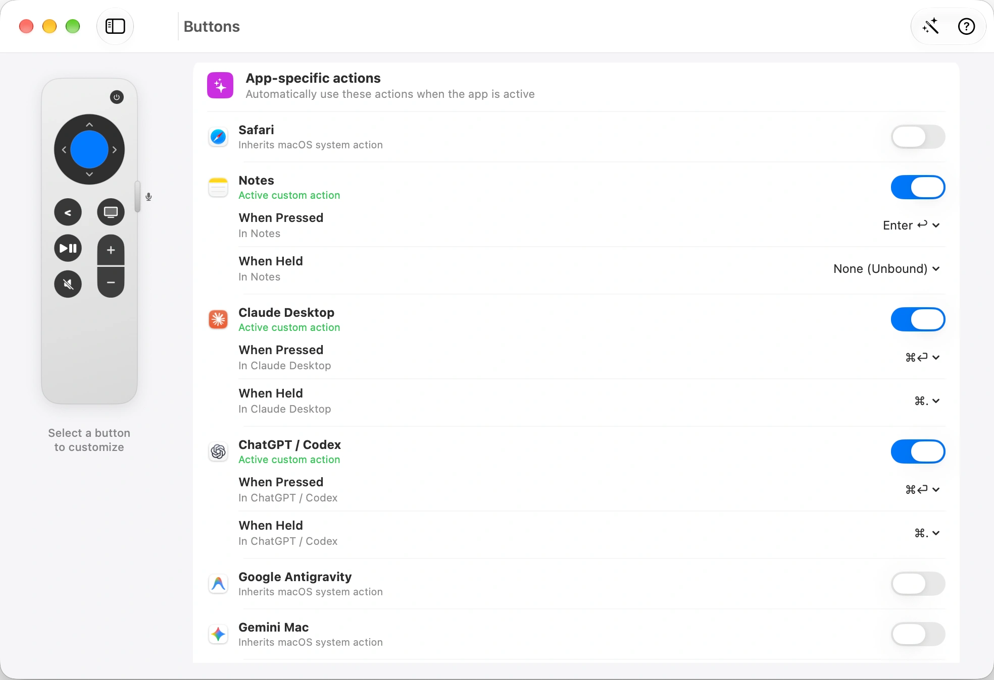 Actions for each app