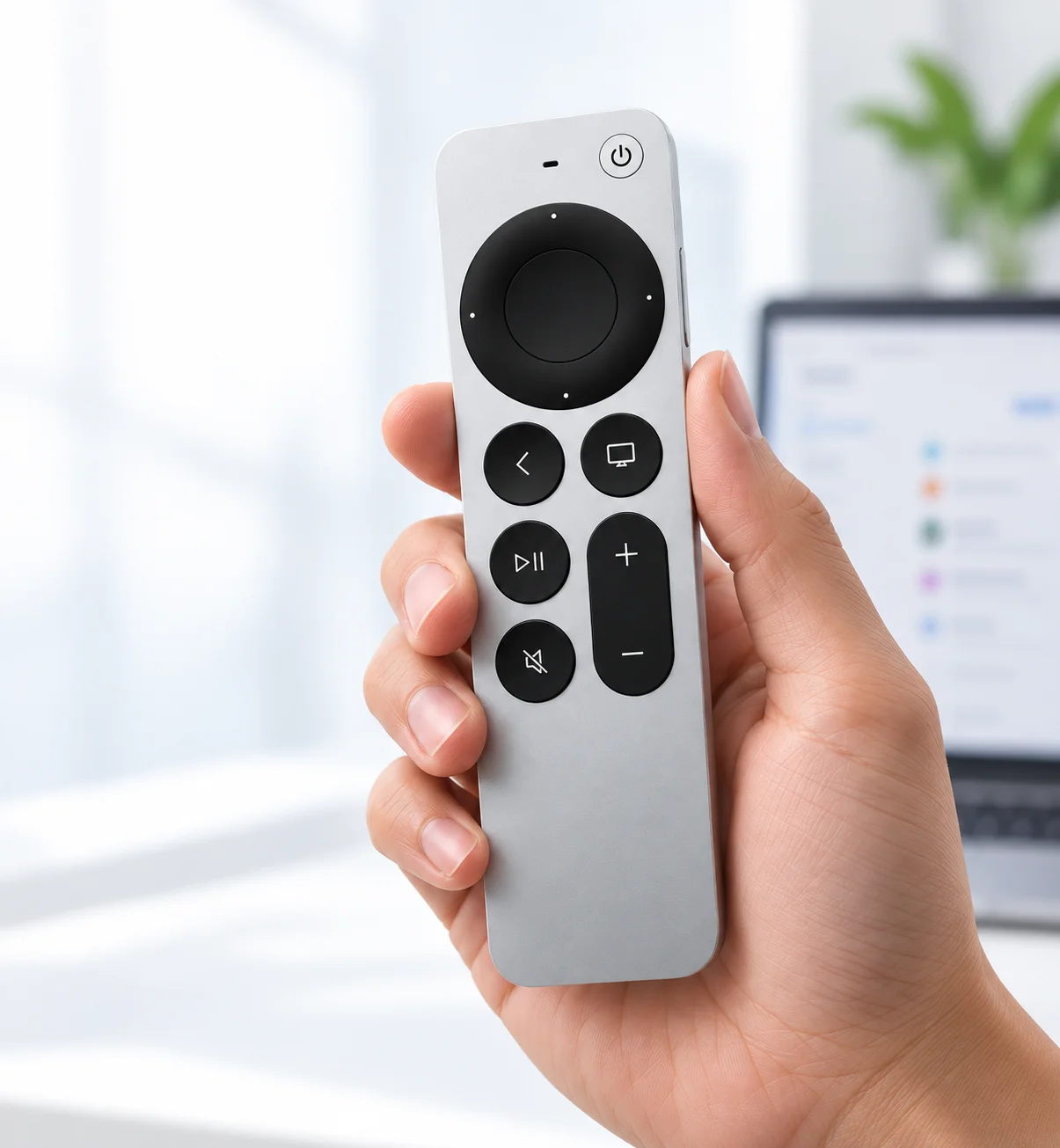 Illustration of a hand holding Siri Remote beside a Mac with a desktop app