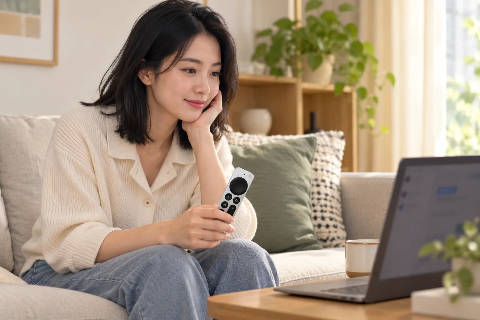 A person relaxing on a sofa while controlling media on a TV connected to a Mac